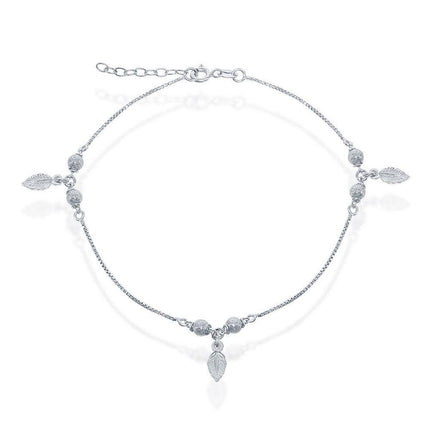 Sterling Silver Diamond Cut Beads with Leaf Charm Anklet ,