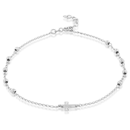 Sterling Silver Diamond Cut Beads with Small Center Cross Anklet ,