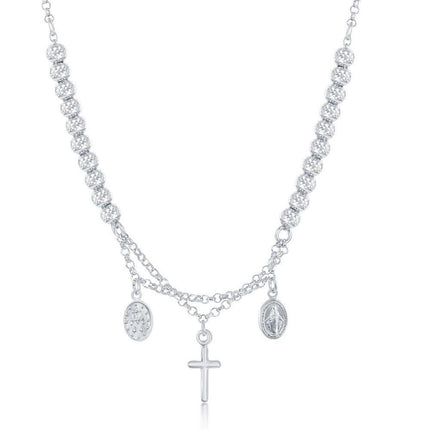 Sterling Silver Diamond Cut Cross and Medal Necklace ,