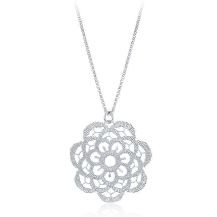 Sterling Silver Diamond Cut Flat Flower Necklace ,