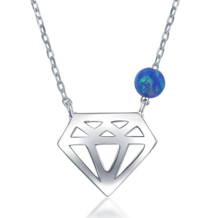 Sterling Silver Diamond Cut-out with Blue Opal Bead Necklace ,