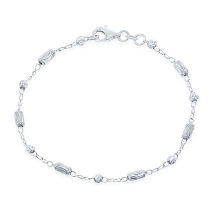 Sterling Silver Diamond Cut Small Bar and Bead Anklet ,