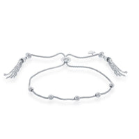 Sterling Silver Diamond Cut Station Beads Adjustable Tassel Bolo Bracelet ,