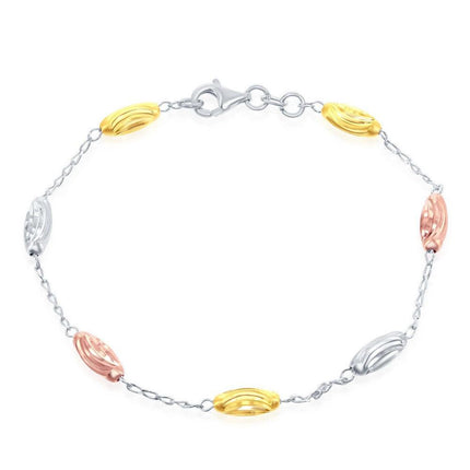 Sterling Silver Diamond Moon Cut Oval Bead Bracelet - Tri Color ,