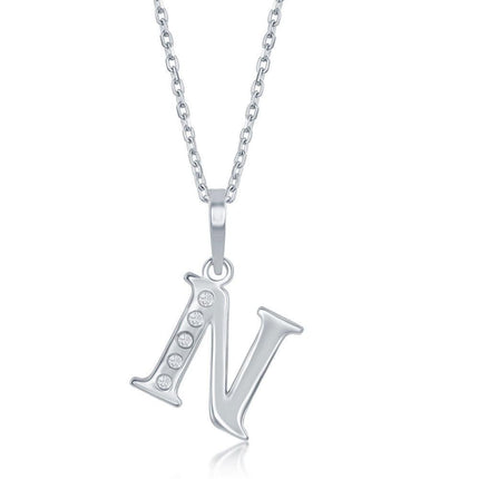 Sterling Silver Diamond "N" Initial Pendant Chain ,