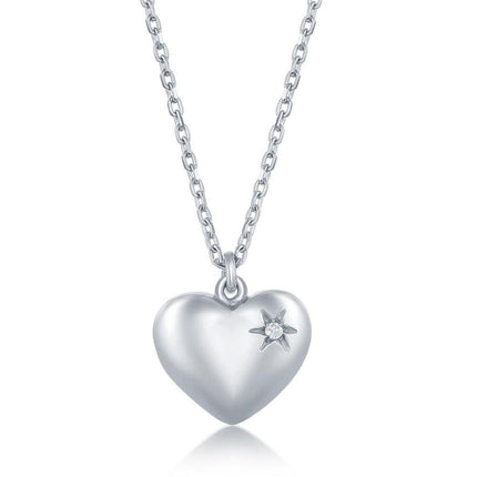 Sterling Silver Diamond Puffed Heart Necklace ,