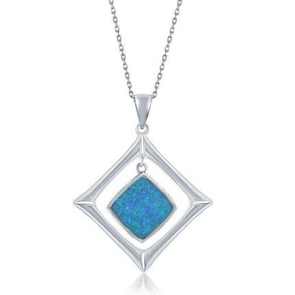 Sterling Silver Diamond-Shaped Blue Inlay Pendant ,