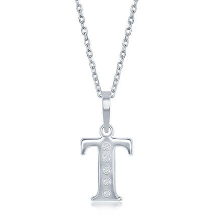 Sterling Silver Diamond "T" Initial Pendant Chain ,