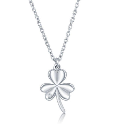Sterling Silver Diamond Three Leaf Clover Necklace ,