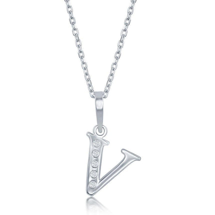 Sterling Silver Diamond "V" Initial Pendant Chain ,