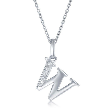 Sterling Silver Diamond "W" Initial Pendant Chain ,
