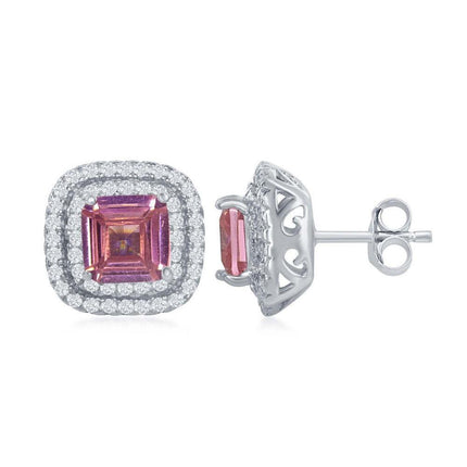 Sterling Silver Double Border Pink CZ Stud Earrings ,
