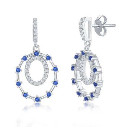 Sterling Silver Double Circle and Blue CZ Earrings ,