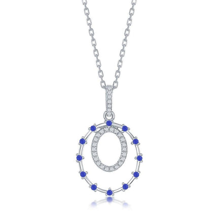 Sterling Silver Double Circle and Blue CZ Pendant ,