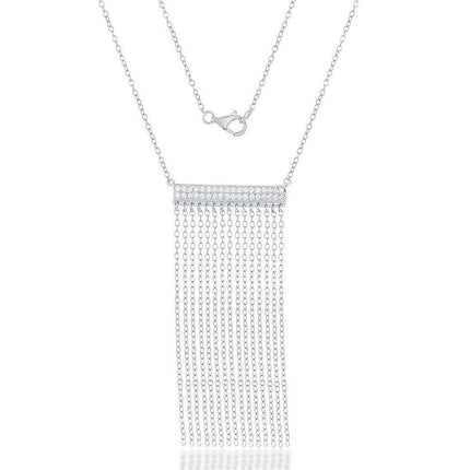 Sterling Silver Double CZ Bar with Tassels Necklace ,