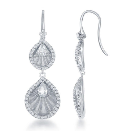 Sterling Silver Double CZ Teardrop Earrings ,