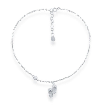 Sterling Silver Double Flip Flop with Single CZ Anklet ,