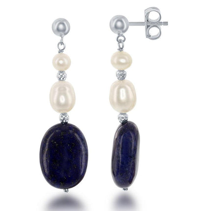 Sterling Silver Double FWP with Oval Lapis Earrings ,