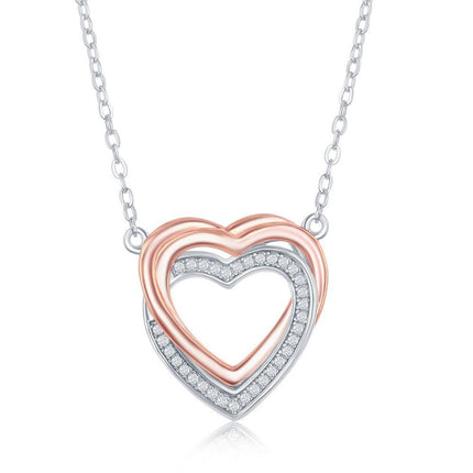 Sterling Silver Double Heart CZ Necklace ,
