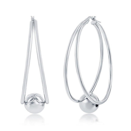 Sterling Silver Double Oval with 12mm Bead Earrings ,