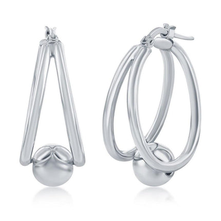Sterling Silver Double Oval with 8mm Bead Earrings ,