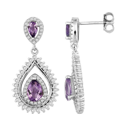 Sterling Silver Double Pear Amethyst Earrings ,