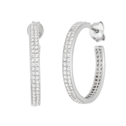 Sterling Silver Double Row 20mm CZ Hoop Earrings ,