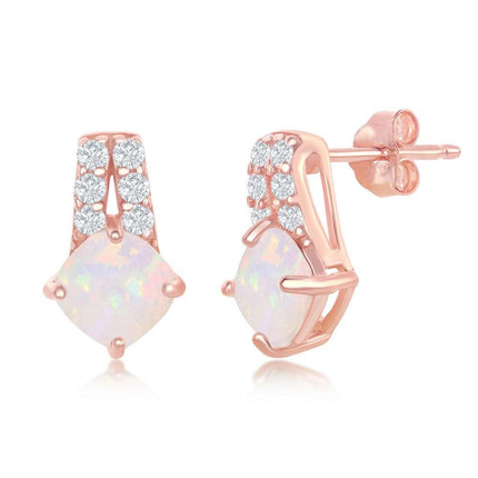 Sterling Silver Double Row CZ Four-Prong Diamond-Shaped White Opal Earrings - Rose Gold Plated ,