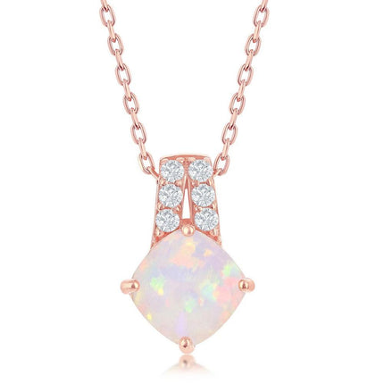 Sterling Silver Double Row CZ Four-Prong Diamond-Shaped White Opal Pendant - Rose Gold Plated ,