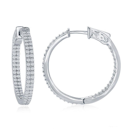 Sterling Silver Double Row CZ Hoop Earrings, 3 x 30 mm ,