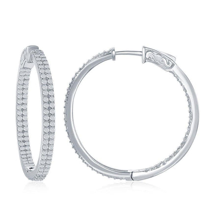 Sterling Silver Double Row CZ Hoop Earrings, 3 x 35 mm ,