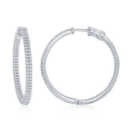 Sterling Silver Double Row CZ Hoop Earrings, 3 x 40 mm ,