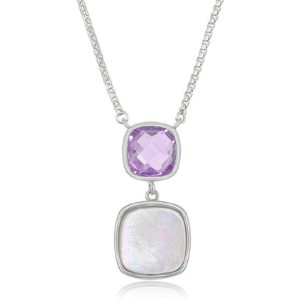 Sterling Silver Double Square Amethyst and Mother of Pearl Necklace ,