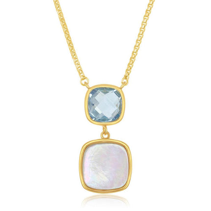 Sterling Silver Double Square Blue Topaz and Mother of Pearl Necklace - Gold Plated ,