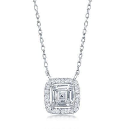 Sterling Silver Double Square CZ Necklace ,