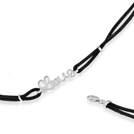 Sterling Silver Double-Strand Black Cord CZ "Love" Bracelet, 7" ,