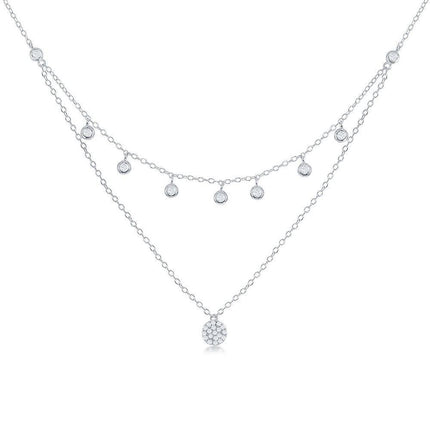 Sterling Silver Double Strand CZ with Micro Pave Disc Necklace ,