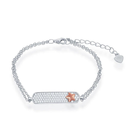 Sterling Silver Double Strand Micro Pave with RG Star ID Bracelet ,