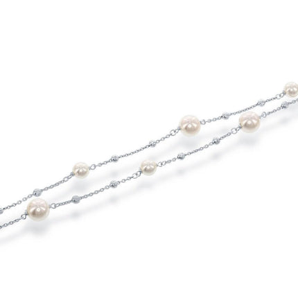 Sterling Silver Double Strand Pearls with Moon Beads Bracelet, 7" ,