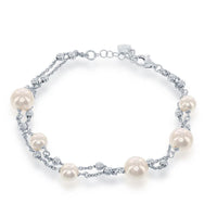 Sterling Silver Double Strand Pearls with Moon Beads Bracelet, 7" ,