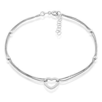 Sterling Silver Double Strand with Beads and Open Heart Anklet ,
