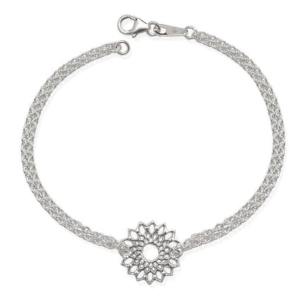 Sterling Silver Double Strand with Center Flower Bracelet, 7.5" ,