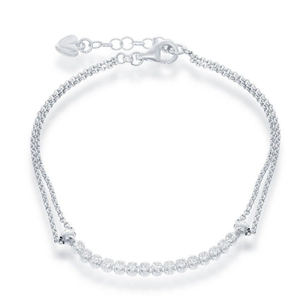 Sterling Silver Double Strand with Long Thin Row of CZs Bracelet ,