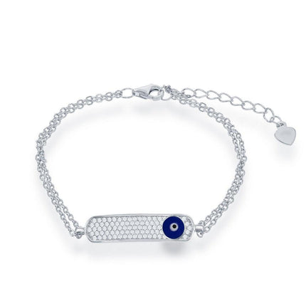 Sterling Silver Double Strand with Navy Evil Eye ID Bracelet, 6" ,