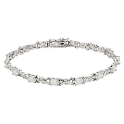 Sterling Silver Double X With CZ & Oval White Opal Bracelet ,