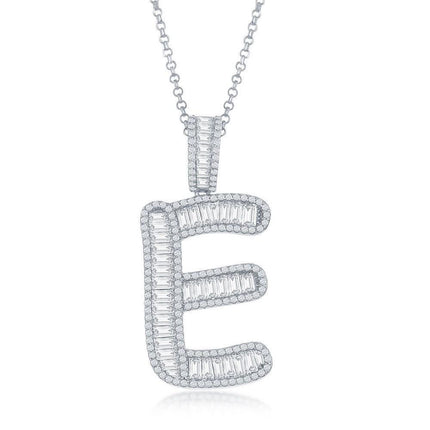 Sterling Silver E Initial Baguette CZ Pendant Chain ,