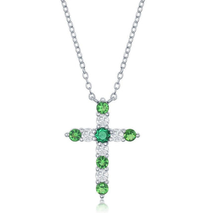 Sterling Silver Emerald CZ May Birthstone Cross Necklace ,