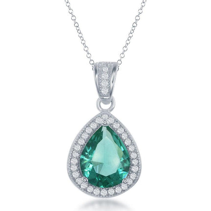 Sterling Silver Emerald Teardrop CZ Border Pendant ,