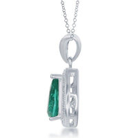 Sterling Silver Emerald Teardrop CZ Border Pendant ,