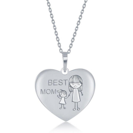 Sterling Silver Engraved Best Mom Mom and Daughter Heart Necklace ,